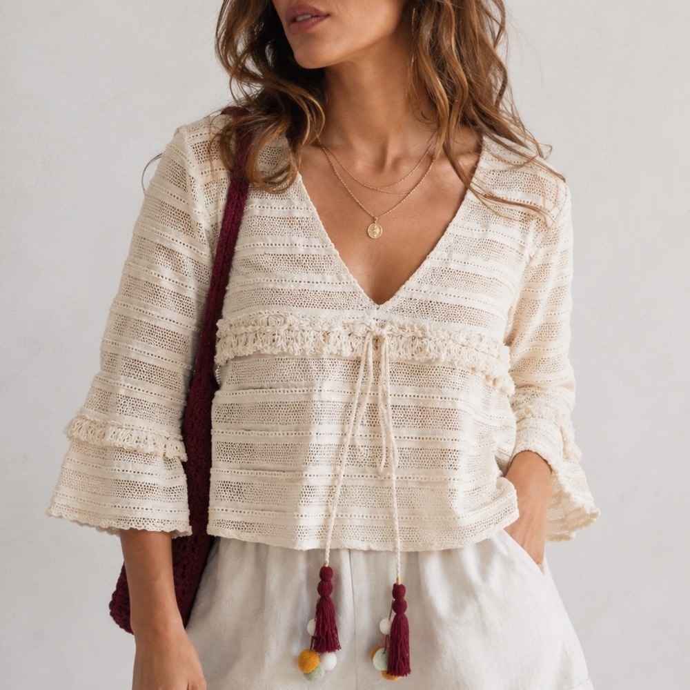 Zara Trafaluc Women Ivory Crochet Boho Bell Sleeve Tassel Pom Blouse Small NEW